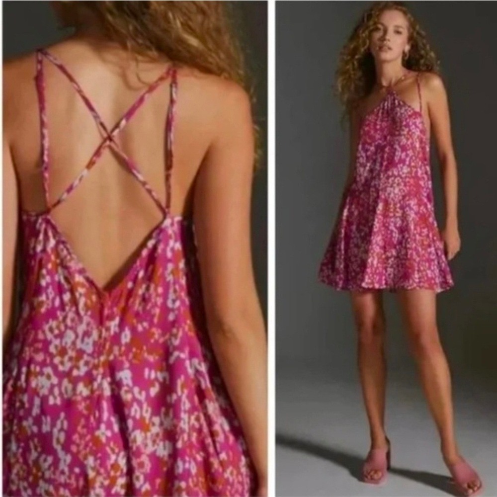 Anthropologie Pink Floral Mini Dress with Crisscross Straps - Picture 2 of 13